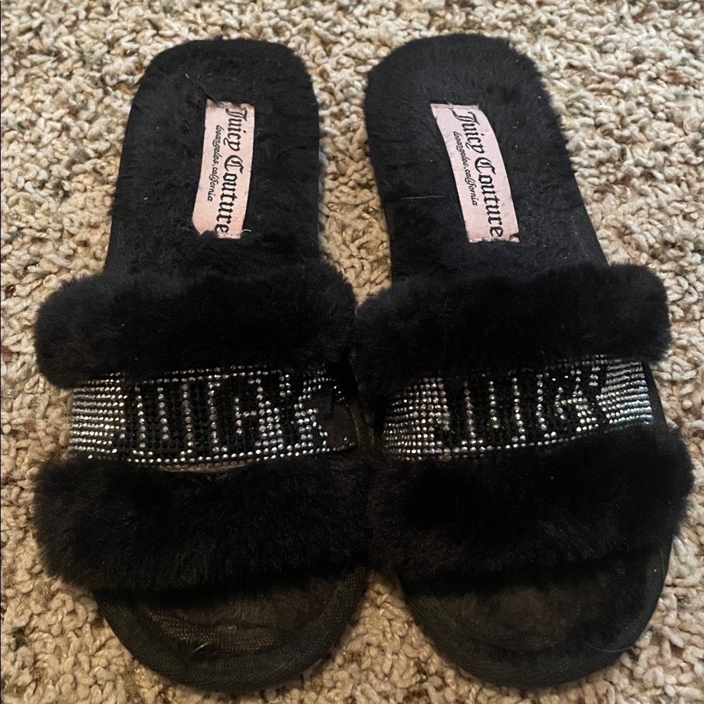 Juicy Couture Black Fur Slippers - 2000s Y2K aesthetic loungewear